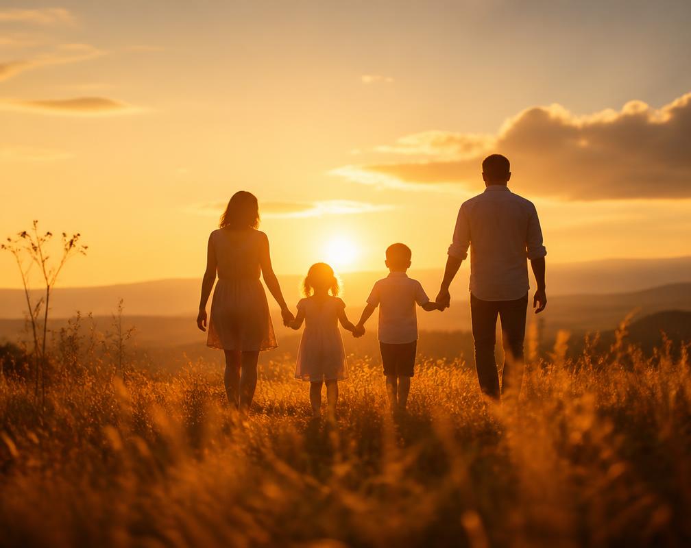 Family walking together at sunset